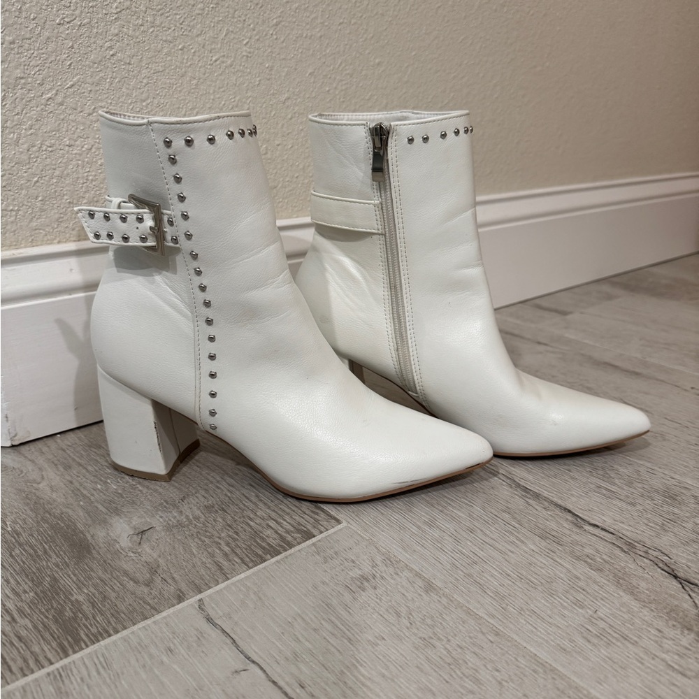 Olivia + Kate White Ankle Boots with Sleek Block Heel